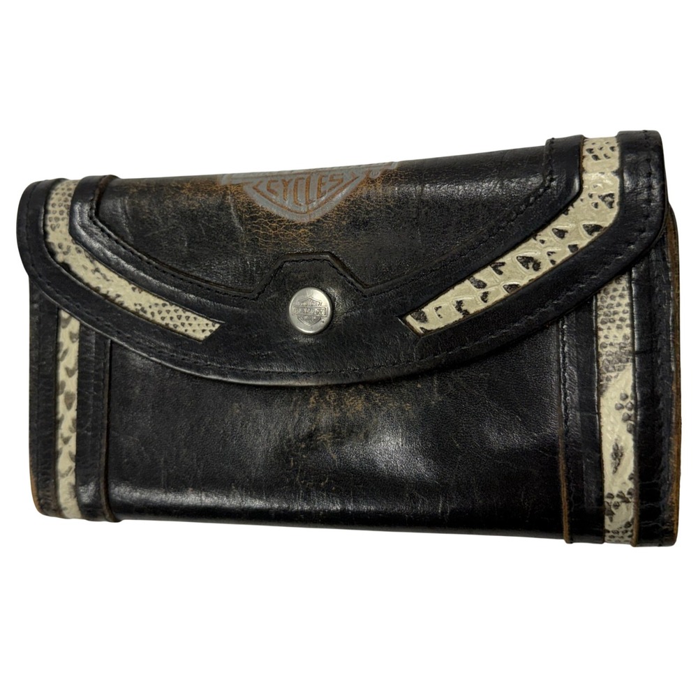 Harley-Davidson Womens Distressed Black Leather Snakeskin Print Clutch Wallet
